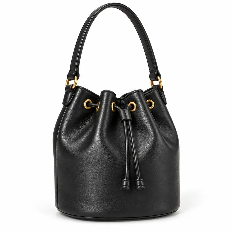 Black leather drawstring bucket bag